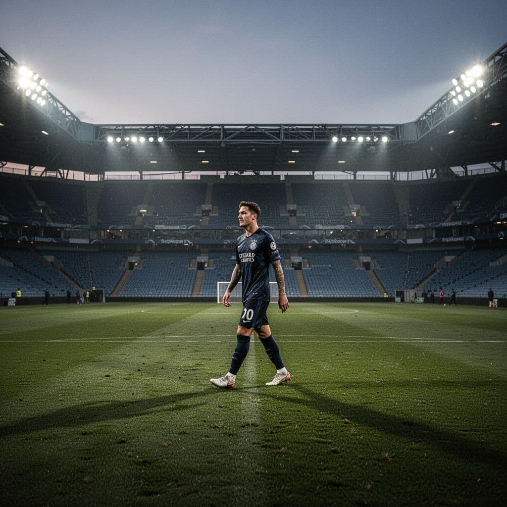 A lone player in dark jersey walks on grassy field in empty stadium under evening lights.
