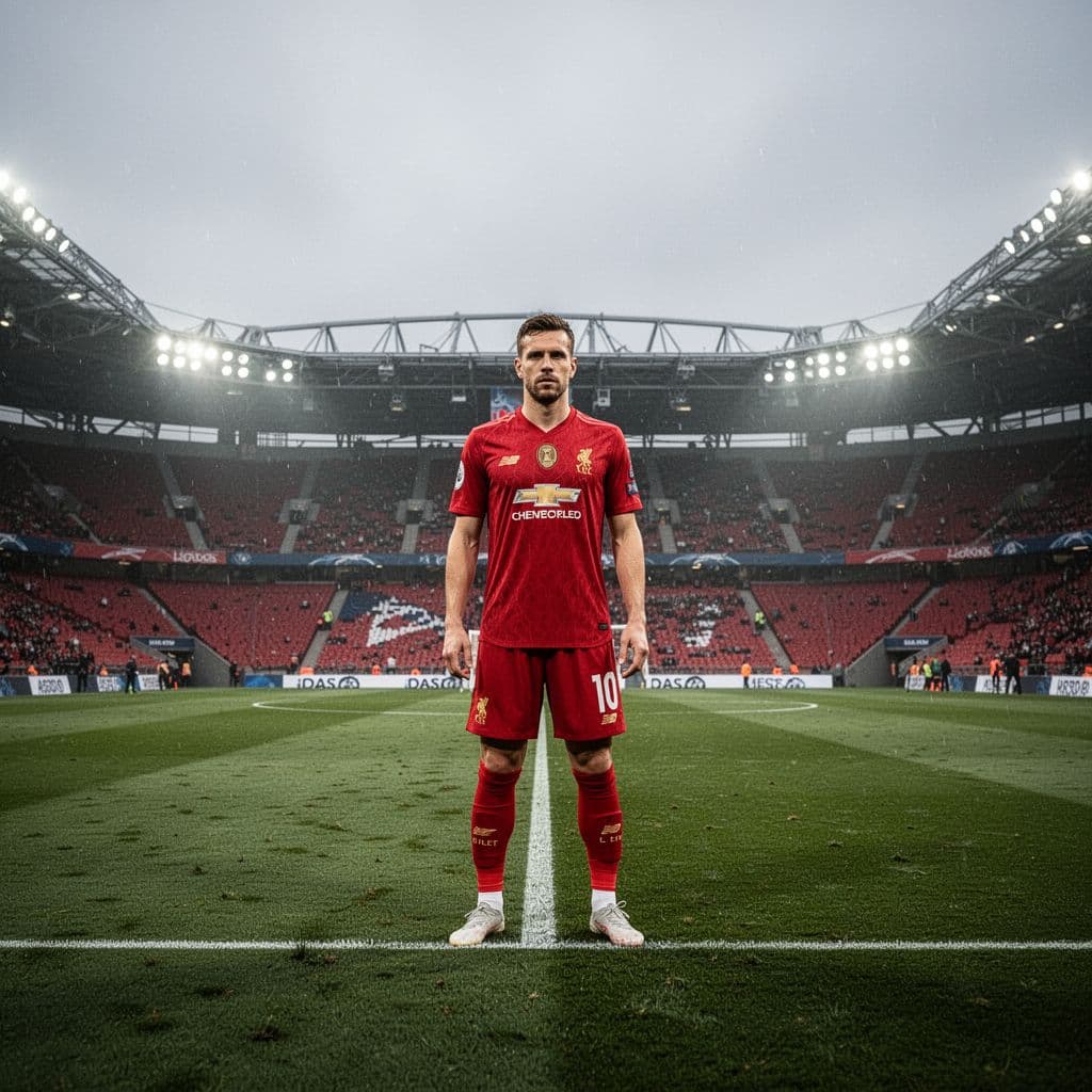 A single athlete in a vibrant red jersey stands on a lush green field under a gray, cloudy sky. Surrounding the pitch, rows of empty stadium seats create a dramatic atmosphere.