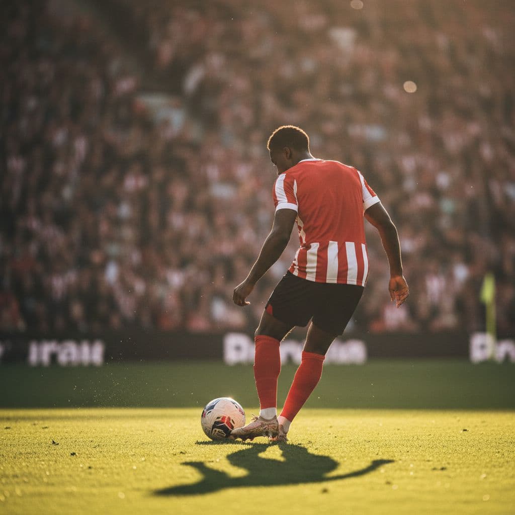 Soccer player from rear low angle prepares penalty kick on stadium grass, blurred crowd background.
