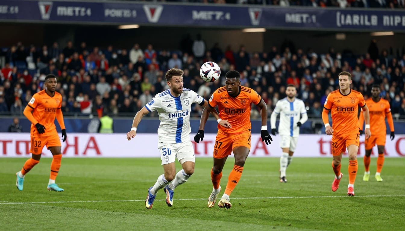 Lorient player in orange jersey contests ball with Metz player in white and blue during evening stadium match.