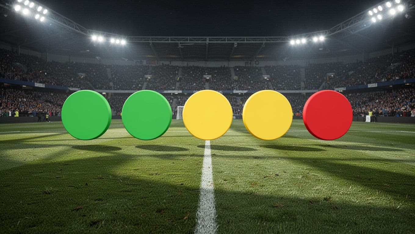 Infographic on football pitch background with stadium lights shows five icons right to left: four green wins, one yellow draw, one red loss.