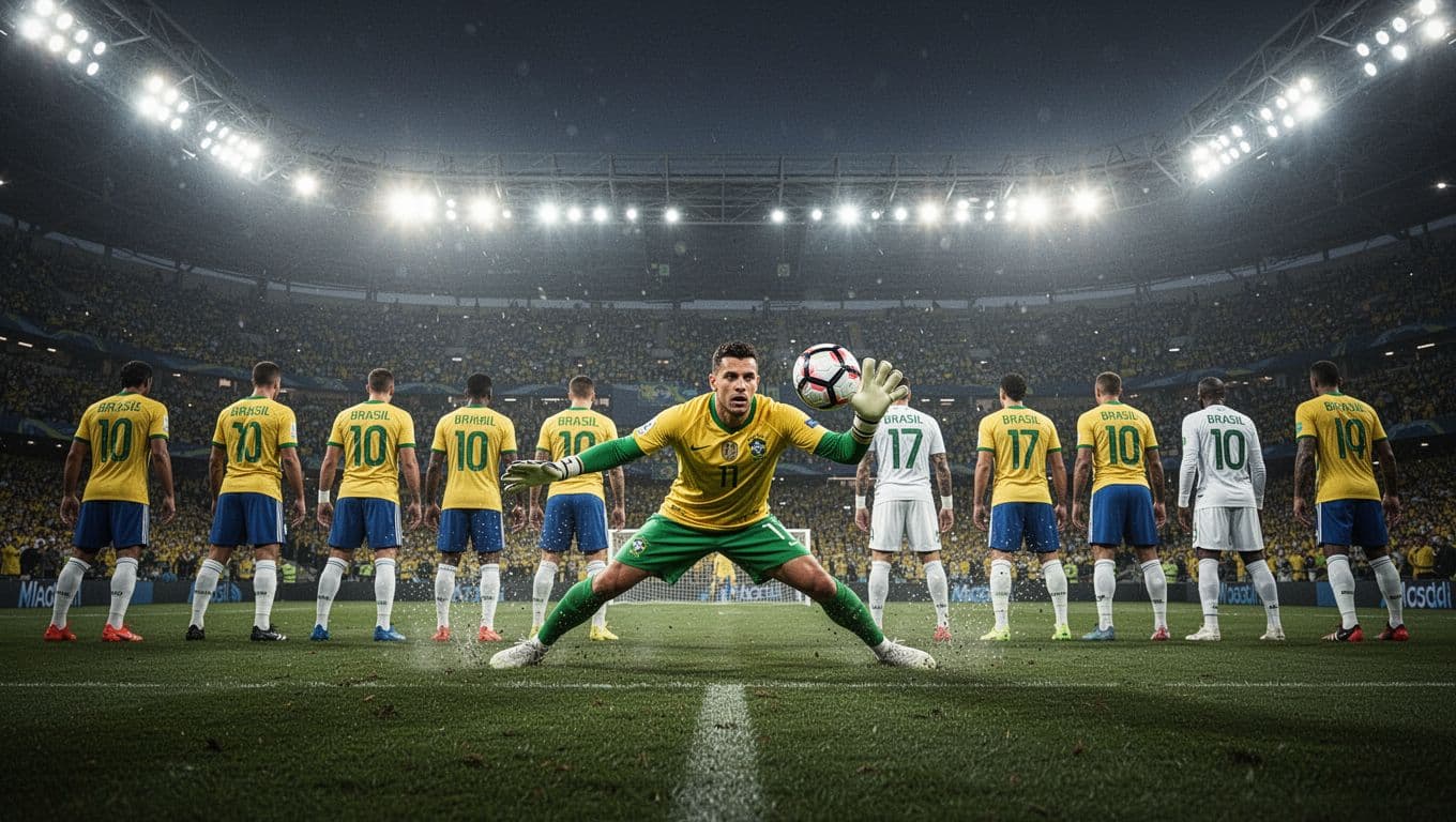 Goalkeeper Lucas Arcanjo in EC Vitória kit dives for the ball from behind with minimal defenders visible under stadium lights.