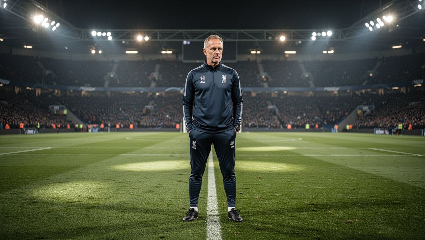 Luis Enrique in dark training gear stands on lush green pitch sideline with serious expression under stadium lights.