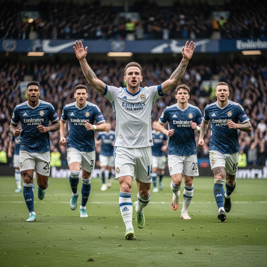 Luka Dumancic raises his arms in celebration as teammates run toward him on the pitch.