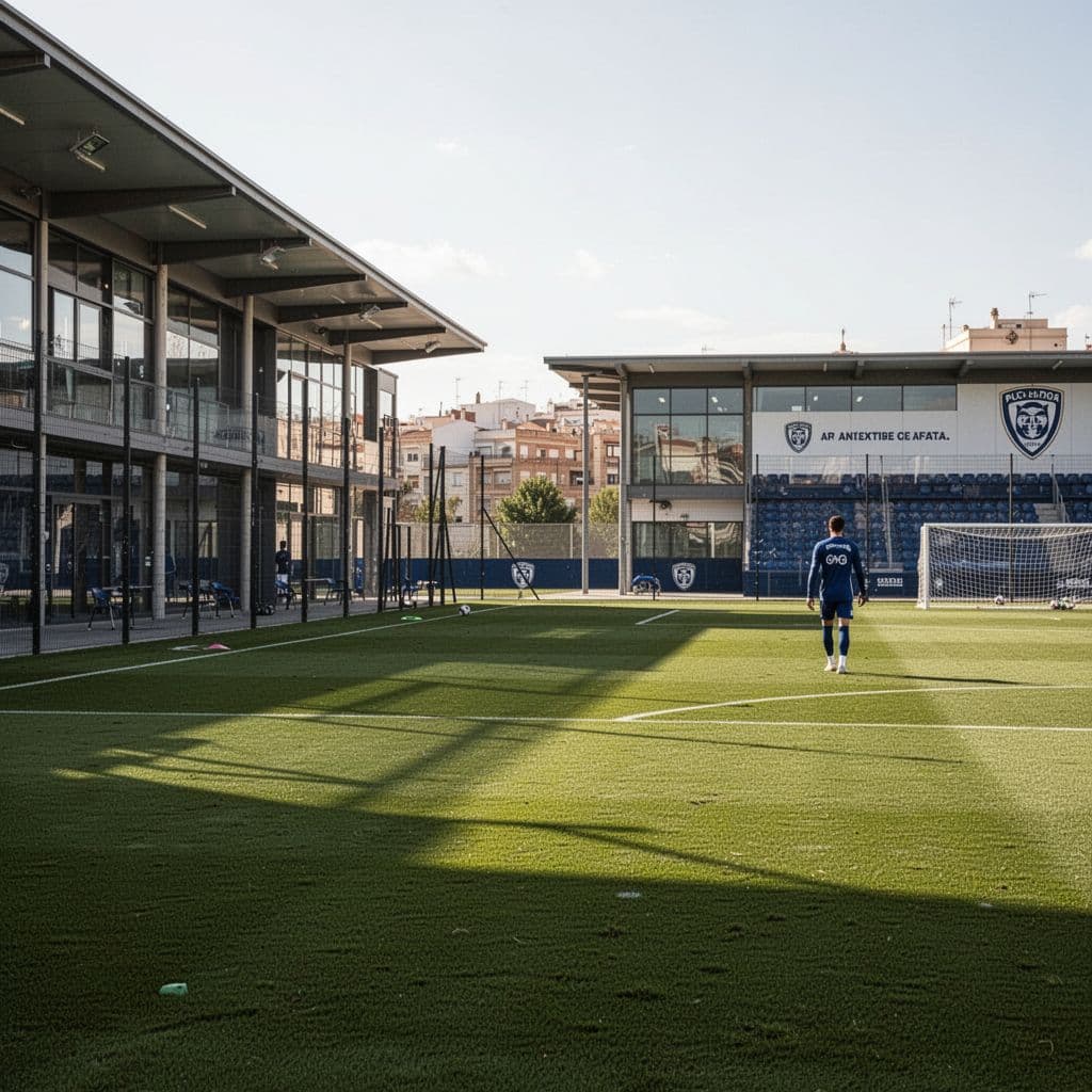 A lone athlete in training gear walks across a pristine grass pitch at a modern sports facility. The background features minimalist architecture under a bright, clear blue Spanish sky.