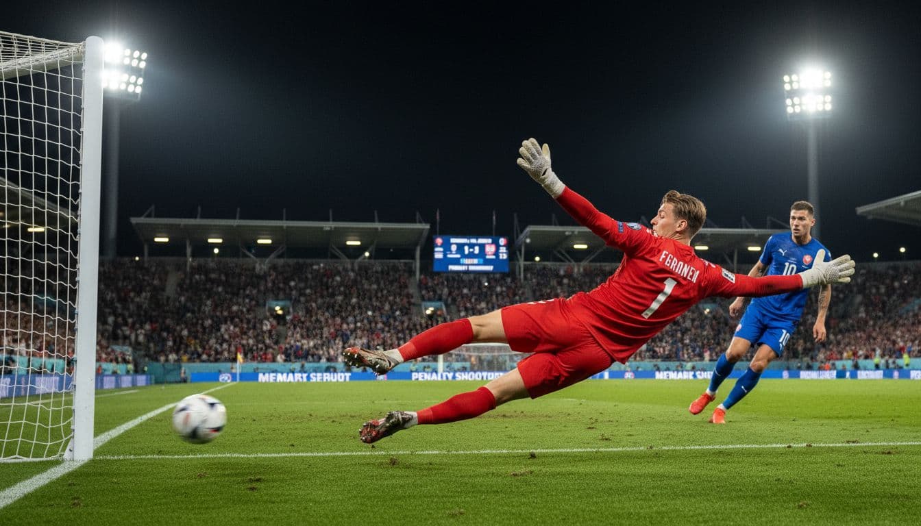 Danish goalkeeper Mads Hermansen dives for a penalty kick from a Czech Republic player during the World Cup 2026 playoff final at Letna Stadium under night lights.
