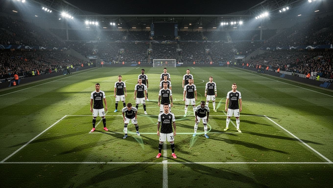 Soccer formation diagram of Madura United's 4-3-3 lineup on green pitch under stadium lights with 11 players in black and white jerseys.