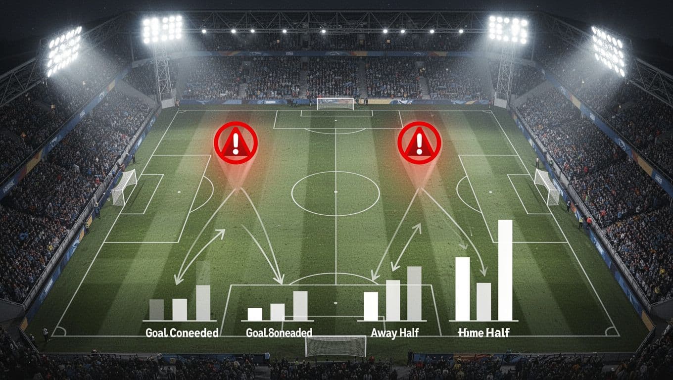 Soccer pitch under stadium lights with red warning icons and arrows pointing to weak away stats bars compared to stronger home bars.