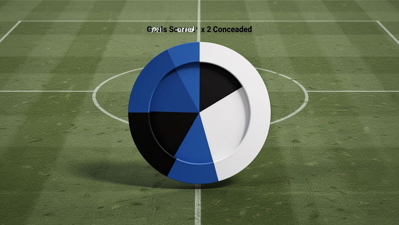 Pie charts in blue black white show Madura United goals scored and conceded on subtle football pitch background.