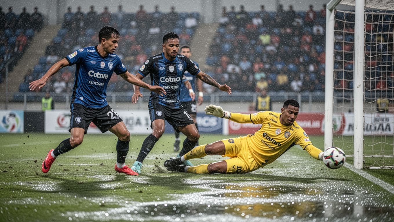 Pedro Monteiro tackles opponent with another defender nearby as Fawaid Ansory dives for save on rainy pitch.