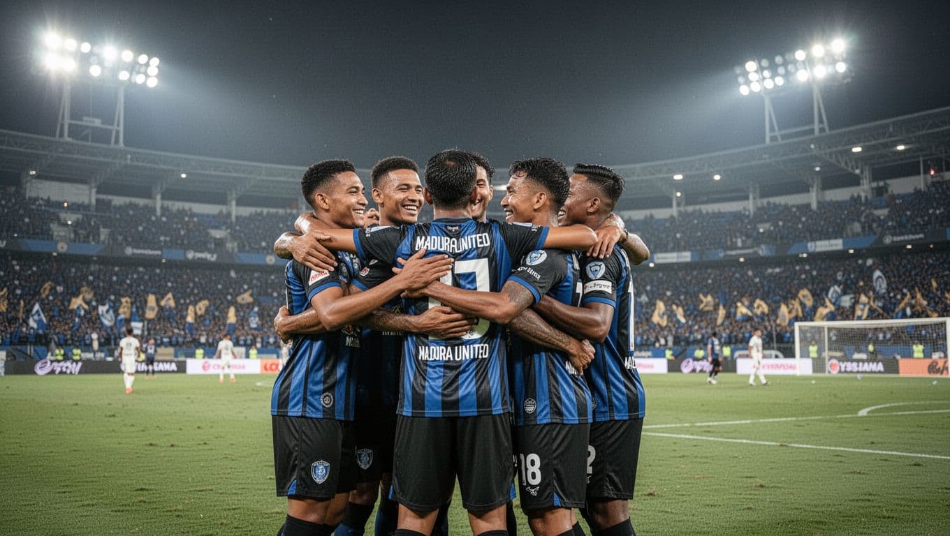 Five Madura United players in blue-black jerseys hug joyfully on the pitch at Gelora Bangkalan, fans clapping in stands under night lights.