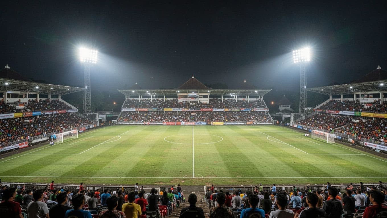 Maguwoharjo Stadium at night with bright floodlights on green soccer field and filling stands, wide landscape view from main tribune.