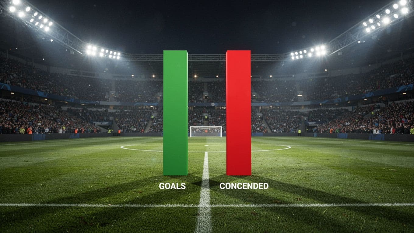 Bar chart shows green bars for 41 goals scored and red bars for 50 conceded on soccer pitch background.