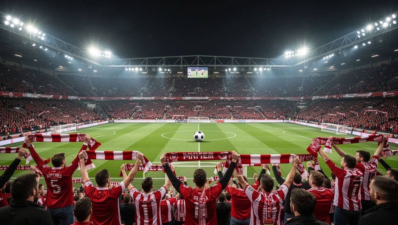 Mainz 05 away fans in stands shout with red-white scarves during night Bundesliga match at Millerntor-Stadion, green pitch under bright floodlights.