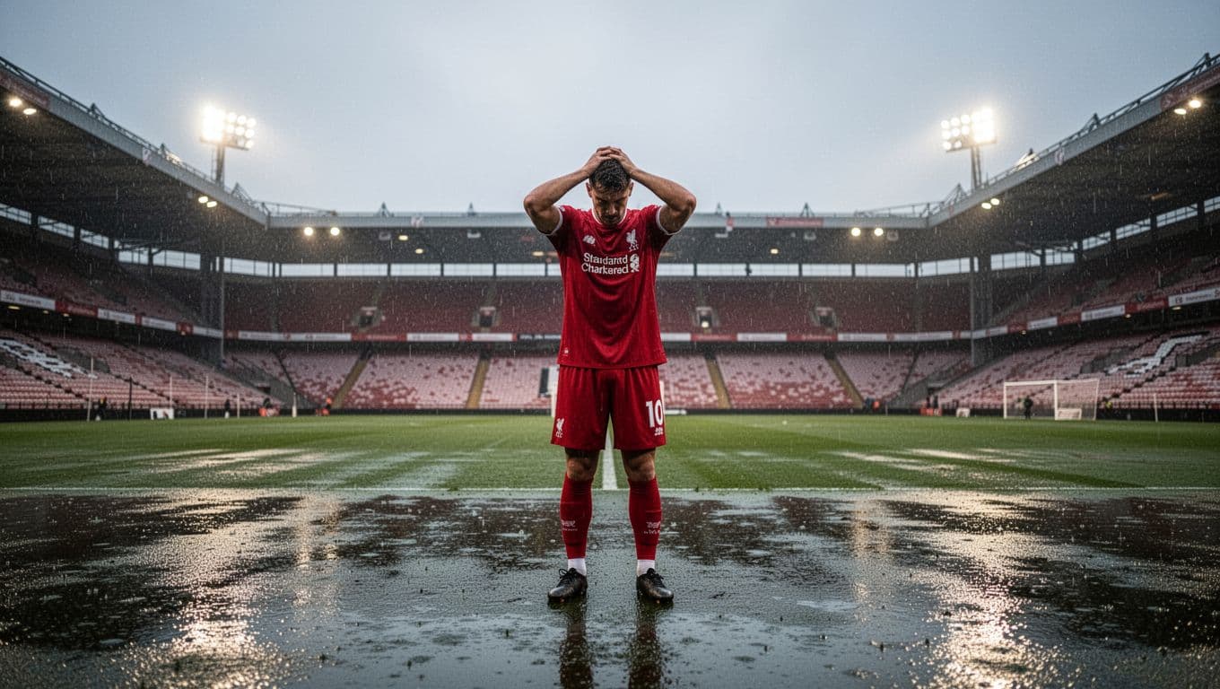 Mainz 05 player in red jersey with hands on head looks frustrated on wet pitch, empty stands at MEWA Arena behind.