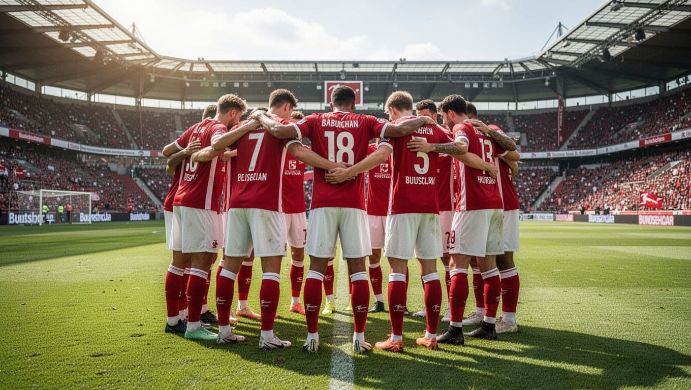 Mainz 05 players in red-white jerseys huddle on green pitch, stadium background, sunny day.