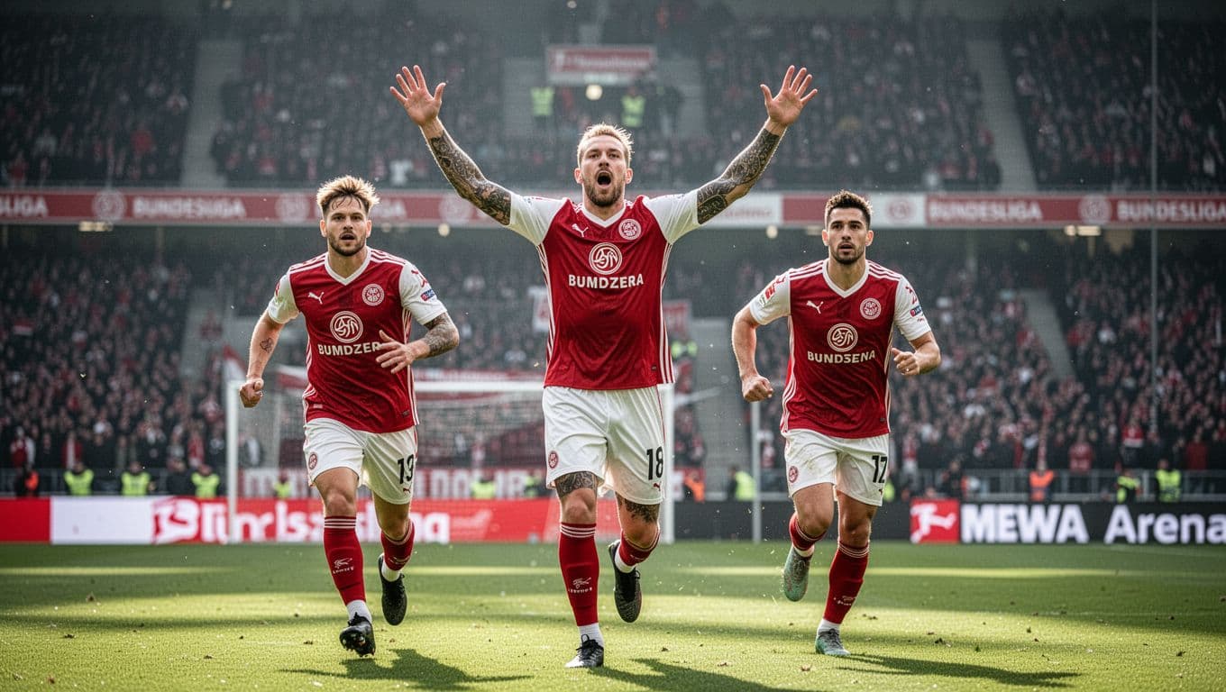 Mainz 05 striker raises arms in joy after goal at MEWA Arena, two teammates rushing in amid bright lights and blurred crowd.