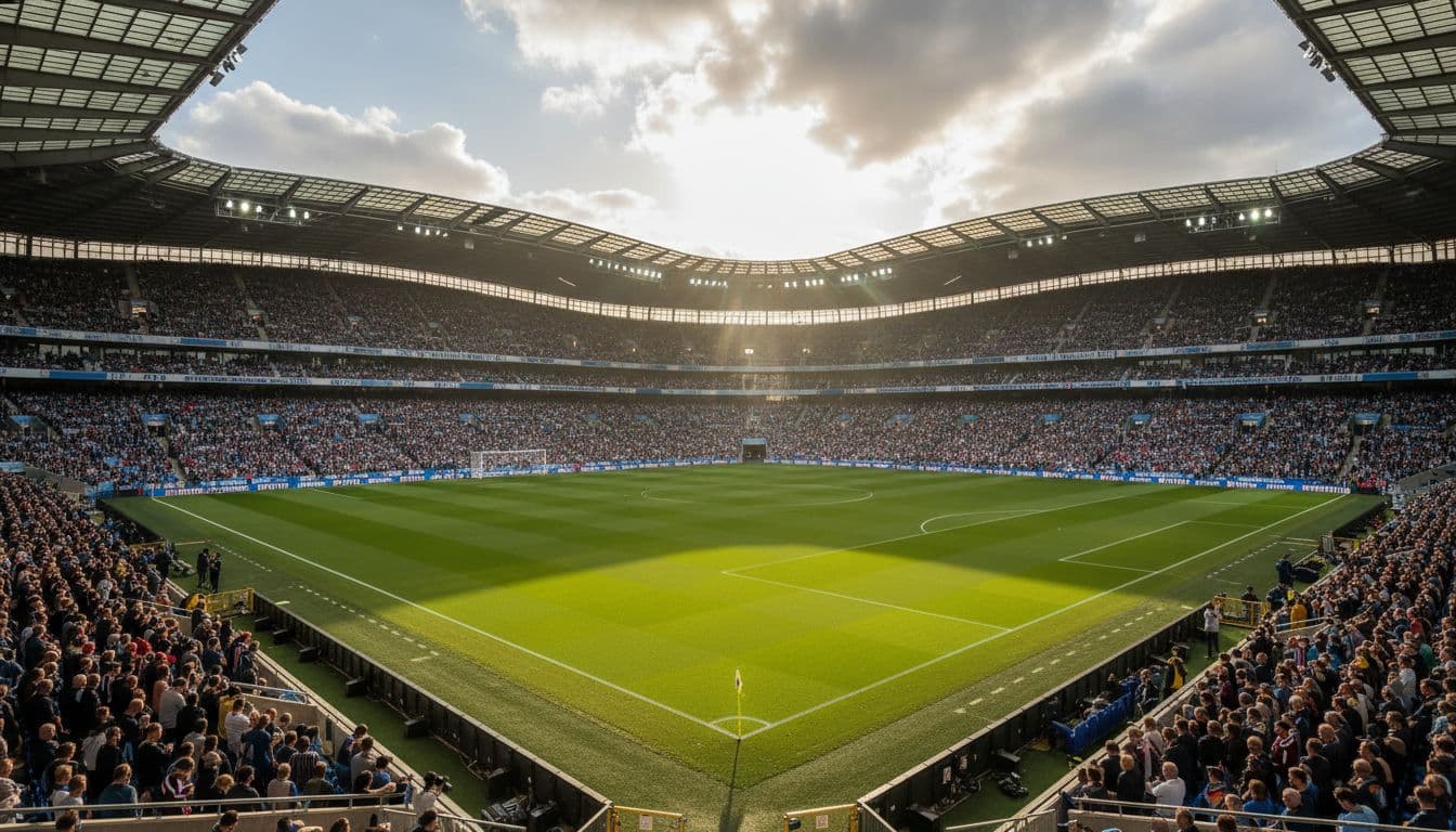 A grand English football stadium filled with spectators under dramatic late afternoon lighting.