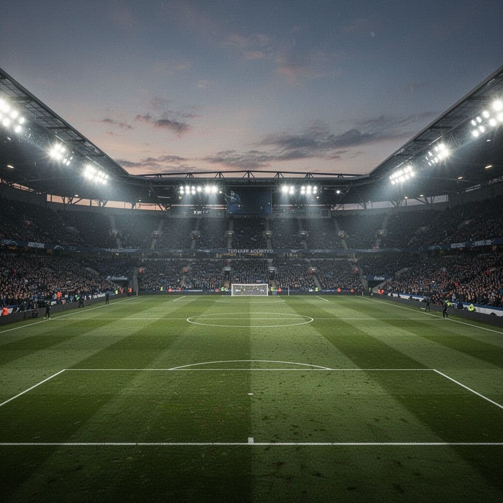 A vibrant football pitch glows under bright stadium floodlights during a dramatic sunset.