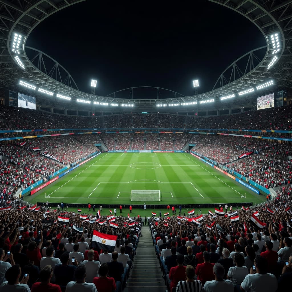Thousands of passionate fans fill the illuminated stadium seating surrounding a vibrant green pitch. Bright floodlights cast a dramatic glow over the arena, preparing the field for an exciting professional match.