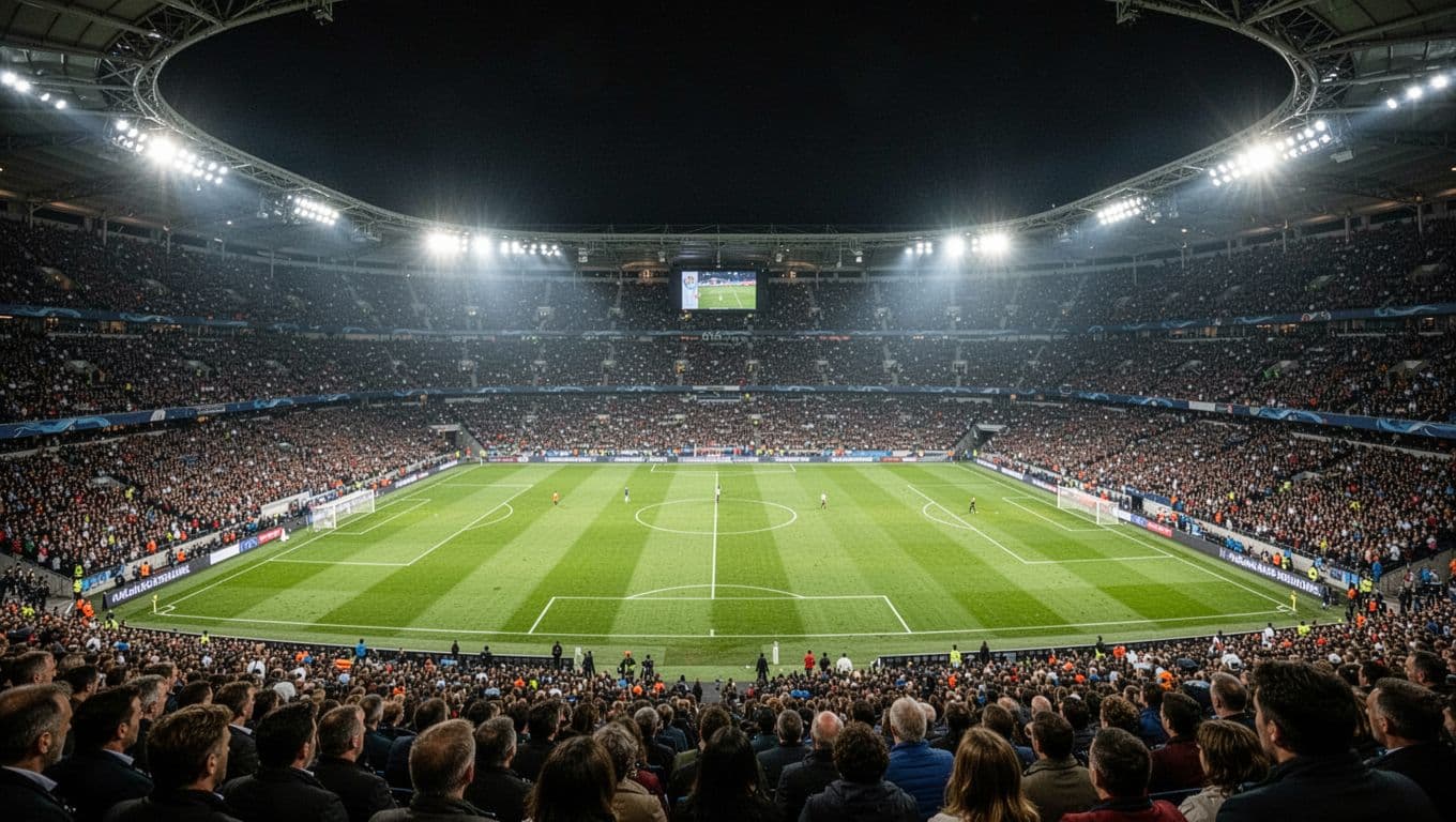 Bright floodlights illuminate a lush green pitch inside a massive, packed arena during a night game. Silhouetted fans fill the tiered seating sections under a dark, expansive evening sky.