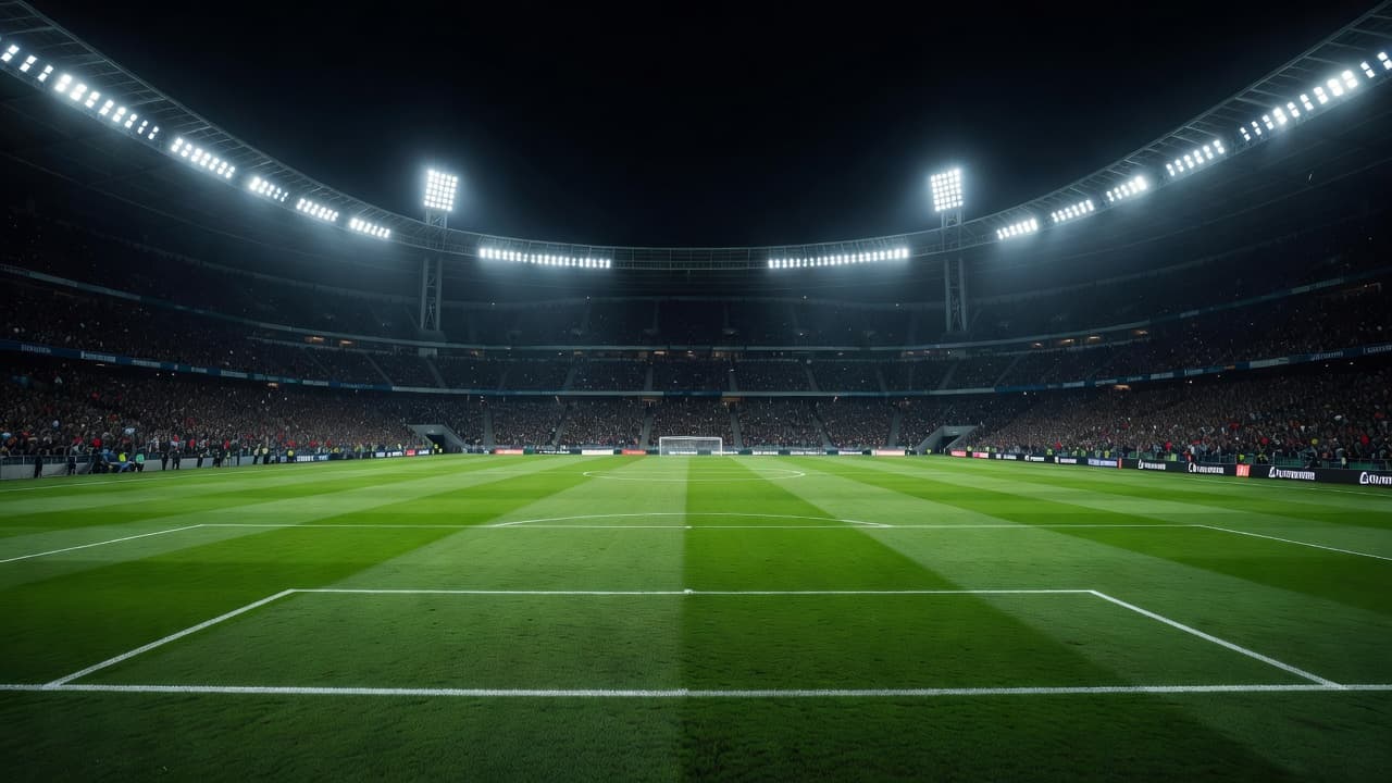 An expansive professional soccer field glows under intense stadium floodlights during the dark evening. The pristine green grass surface is perfectly illuminated for an upcoming international matchup between two competing national teams.