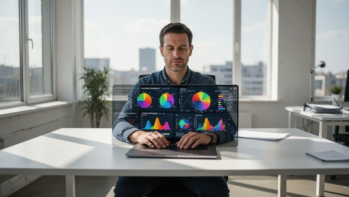 Soccer analyst in bright office reviews laptop charts showing low goals per game but high conversion for Mallorca.