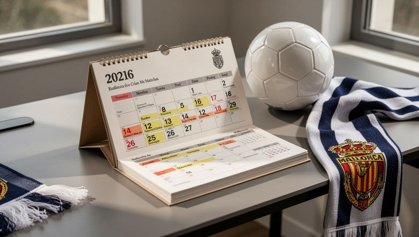 Modern digital planner on desk shows highlighted May 2026 La Liga fixtures for RCD Mallorca, soccer ball and scarf nearby.