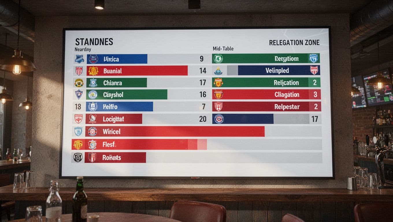 Digital screen in sports bar displays soccer league table with RCD Mallorca 15th at 38 points amid nearby relegation teams.
