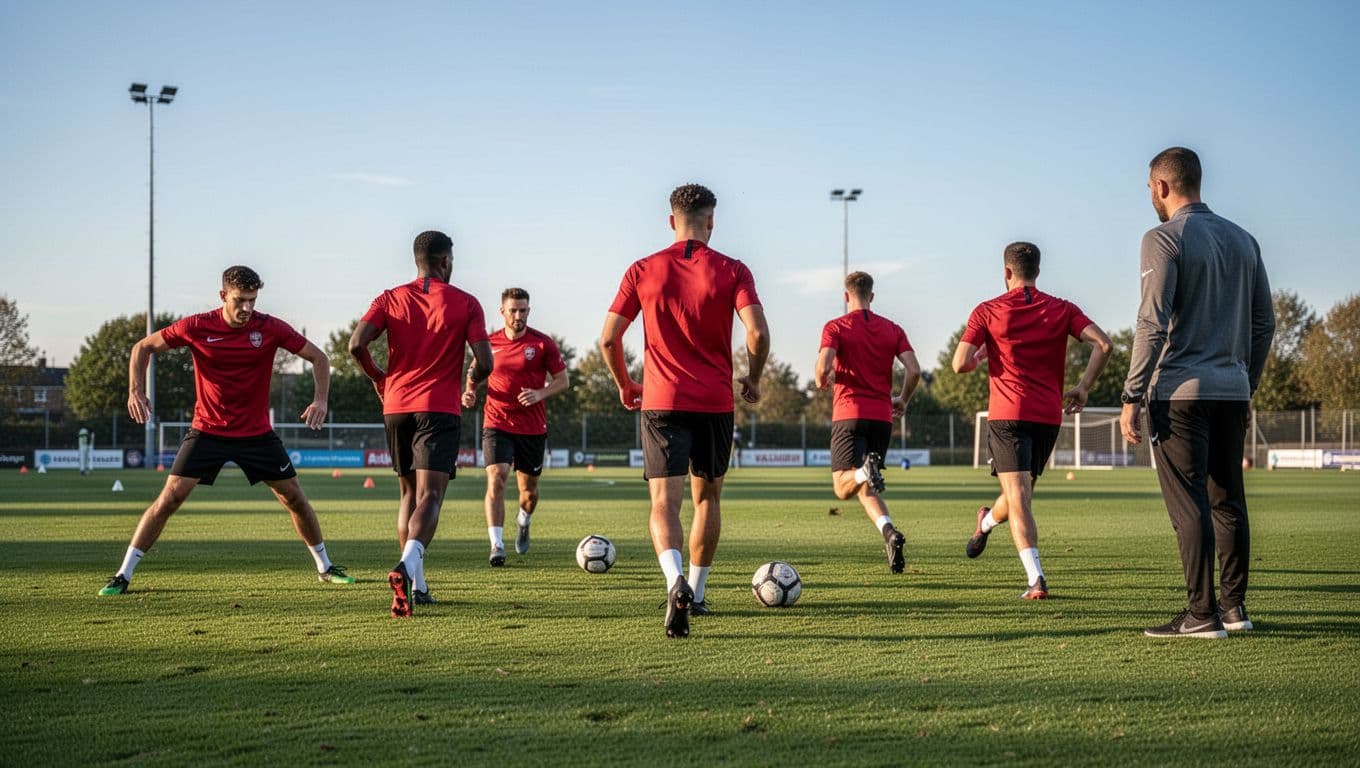 Five players in red kits stretch and jog on sunny training ground pitch as coach watches.