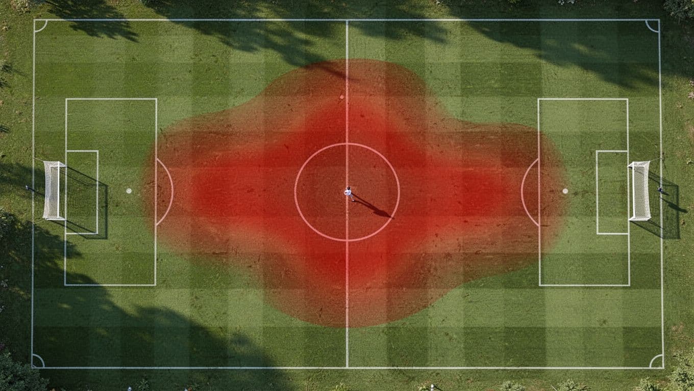 Top-down soccer pitch diagram with red heatmap showing 48% possession for Mallorca and midfield counter-attack transitions.