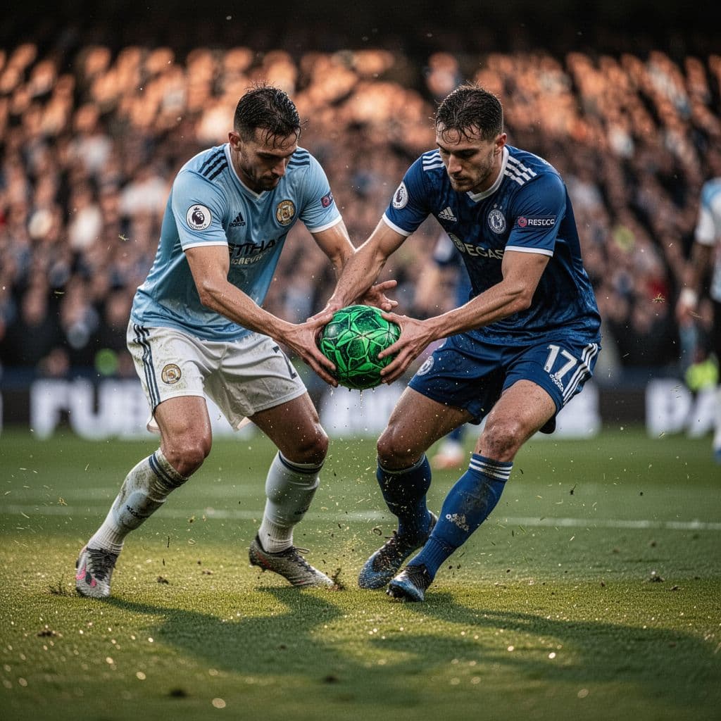 Dua pemain sepak bola berebut bola di lapangan hijau basah.