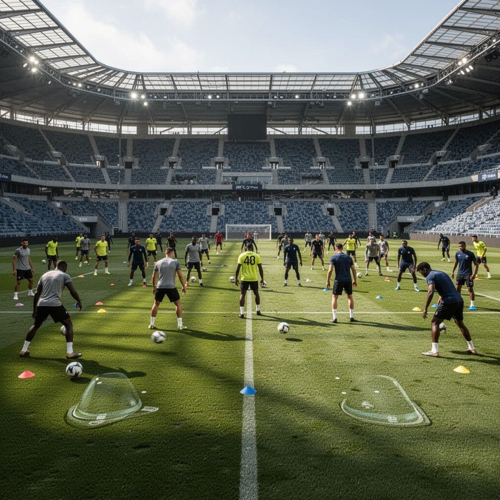 A large diverse group of football players trains on a lush grass pitch inside a modern stadium.