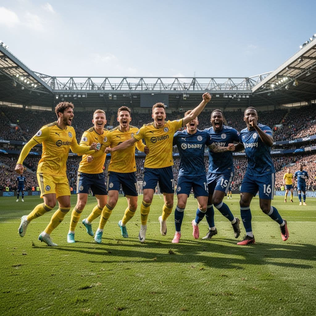 Football players in yellow and blue uniforms celebrate a goal on the pitch during a match.