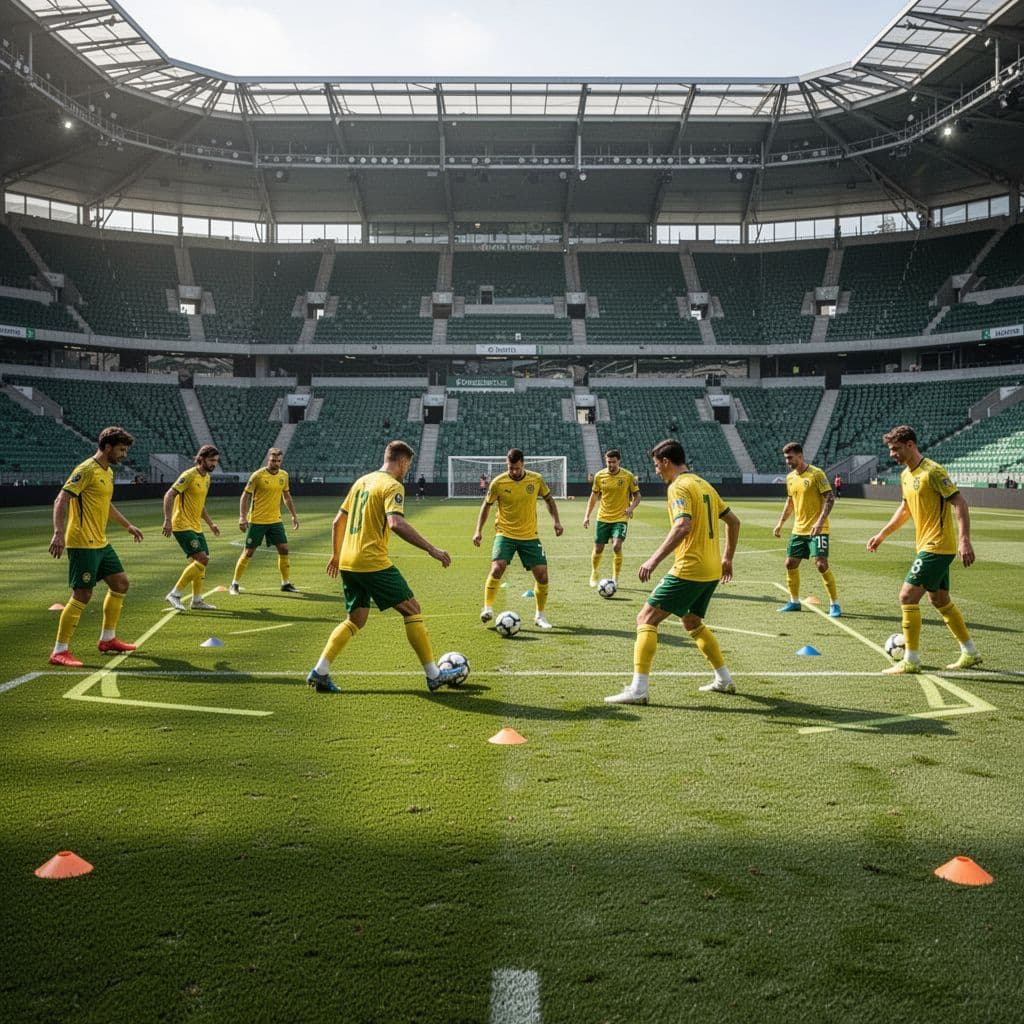 Eleven professional players wearing yellow and green jerseys practice organized passing drills on a lush, vibrant stadium pitch. The squad maintains high focus during this daylight tactical setup under clear skies.