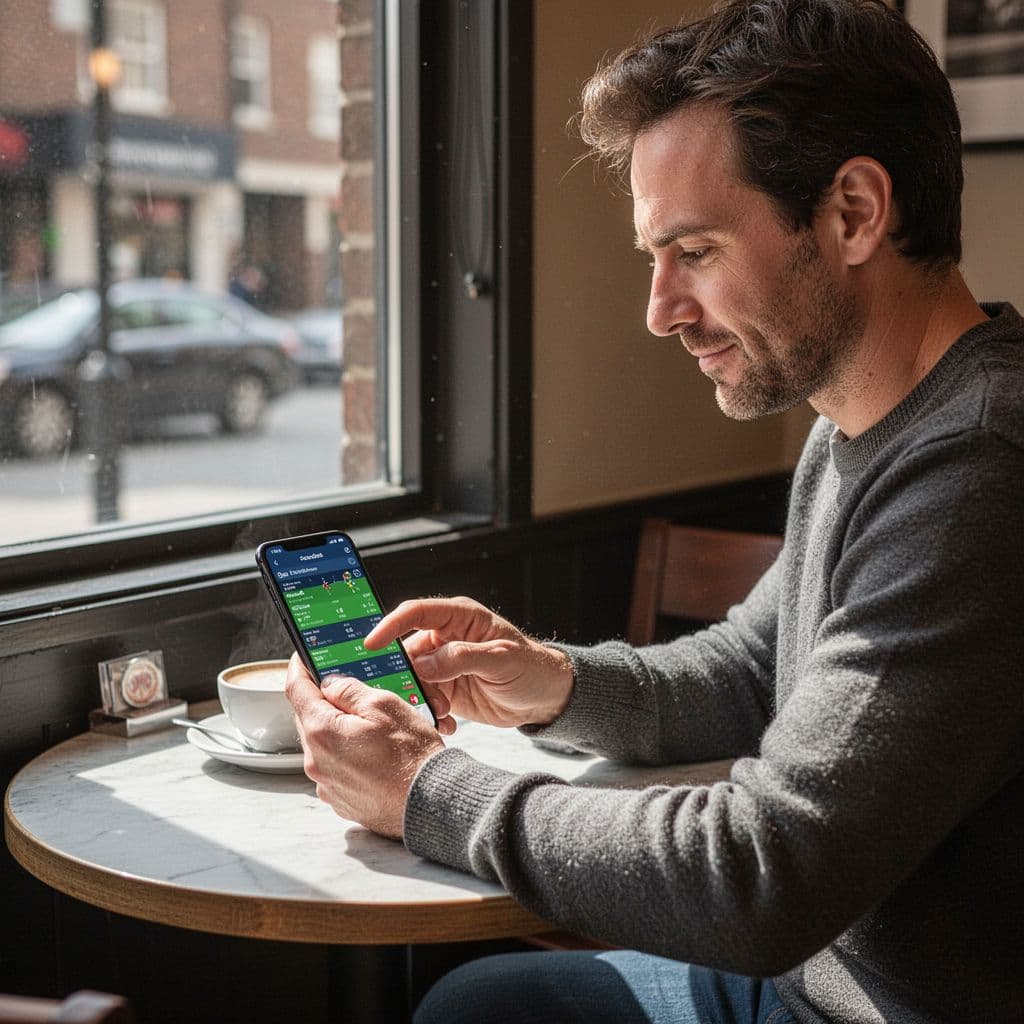 A man sits calmly in a cafe, intently viewing his smartphone with natural window light.