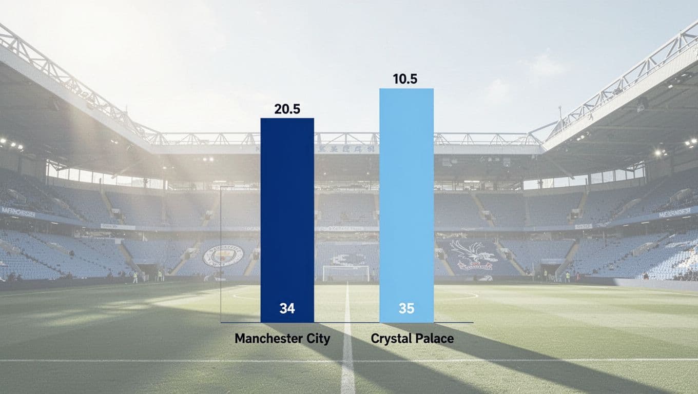 Infographic chart shows City 20 wins, Palace 4, 5 draws; recent scores favor City; blue bar graphs for goals on stadium silhouette.