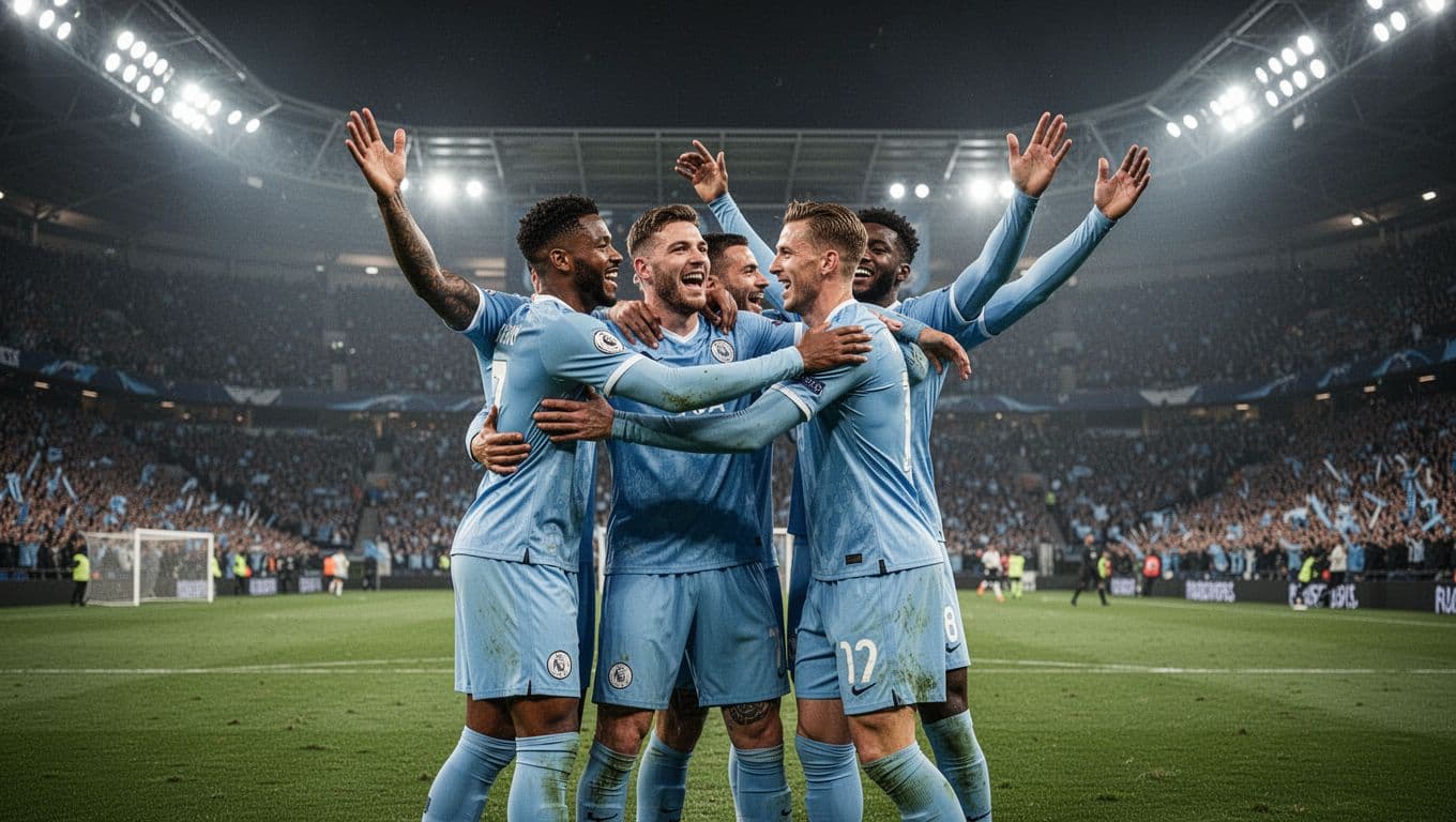 Four Manchester City players in sky blue jerseys celebrate a goal on green pitch under floodlights with blurred stadium crowd behind.