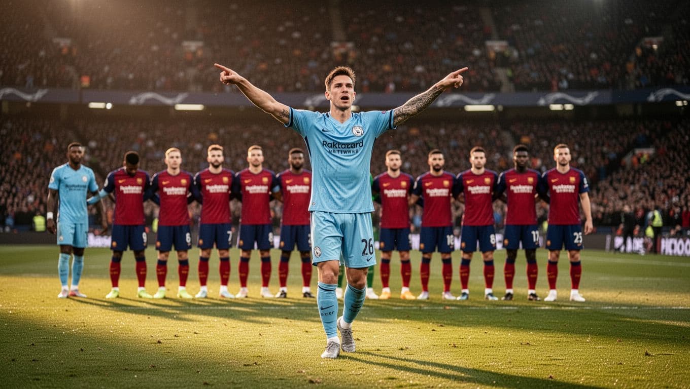 Manchester City players in sky blue jerseys celebrate goal with Haaland pointing forward and one raising arms, Crystal Palace defends deep at evening-lit Etihad.