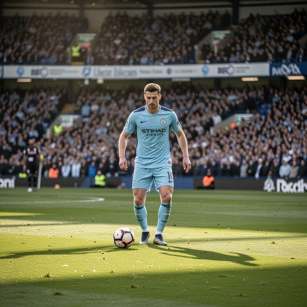 Manchester City player in light blue kit calmly controls soccer ball on bright green pitch with packed stadium stands behind.
