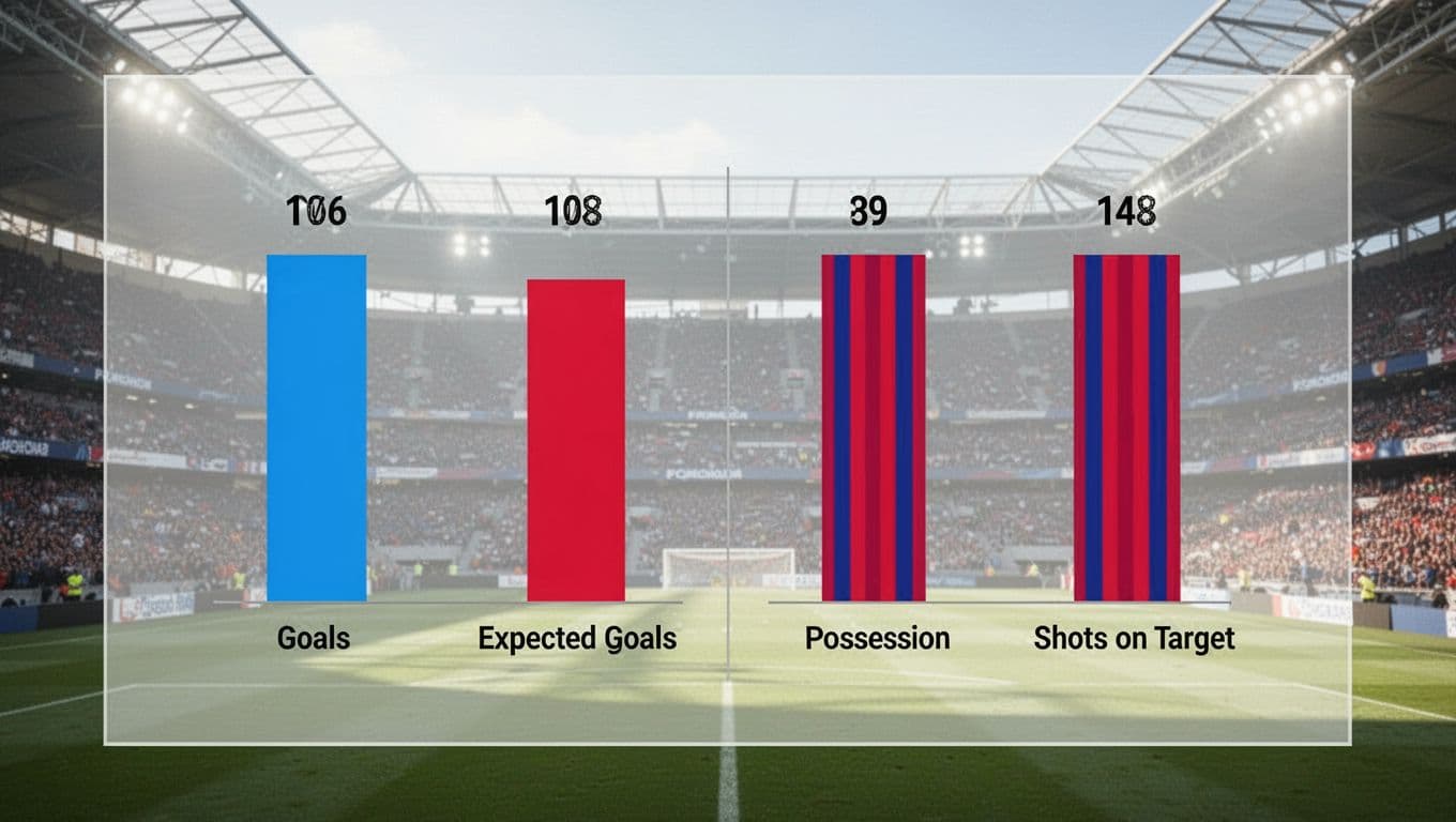 Bar chart compares goals scored, expected goals, possession, and shots on target for Manchester City in sky blue and Crystal Palace in red-blue stripes, with blurred Etihad Stadium background.