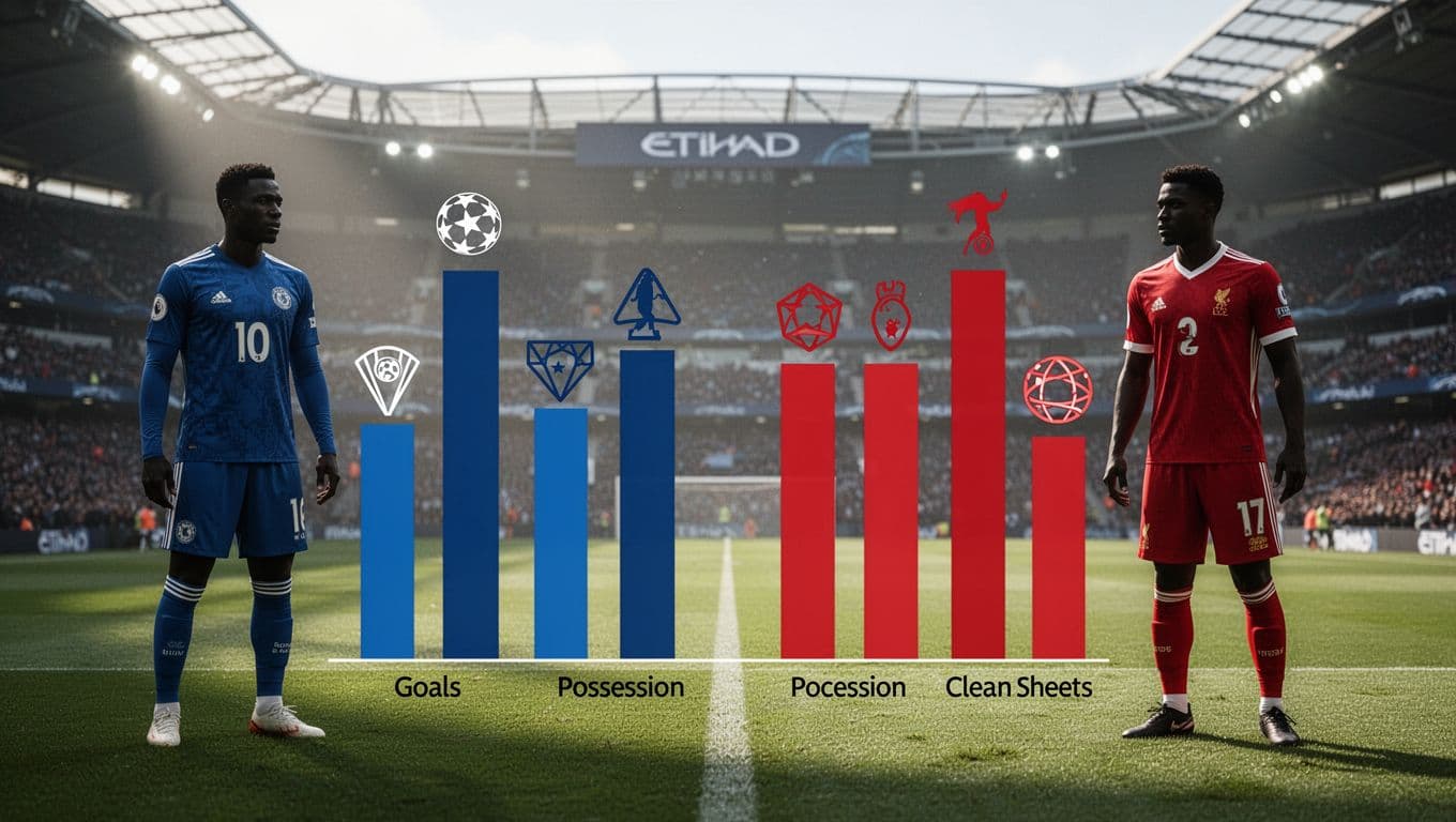 Bar chart infographic compares Manchester City blue bars and Crystal Palace pink bars for goals, xG, possession, clean sheets, and wins against blurred Etihad Stadium.