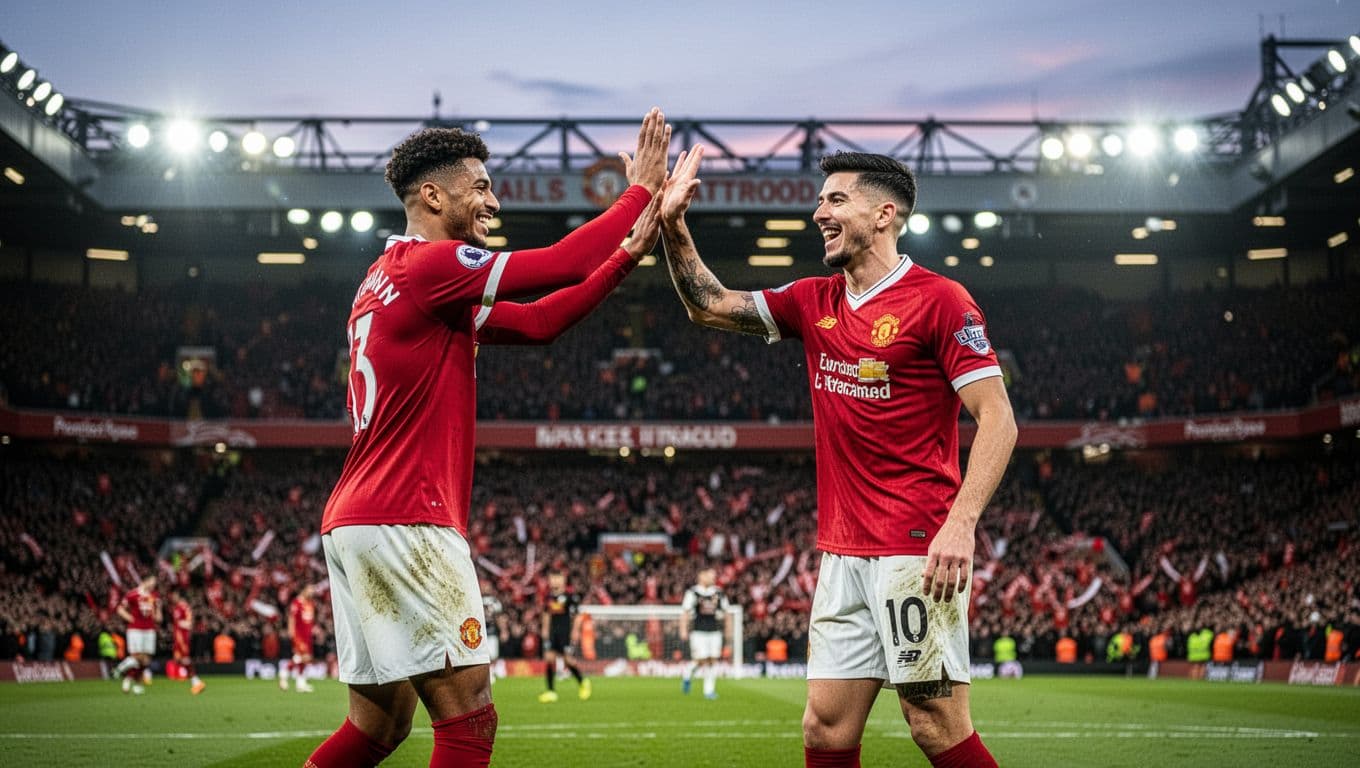 Two Manchester United players high-five celebrating a first-half goal at Old Trafford with blurred cheering fans under dusk lights.