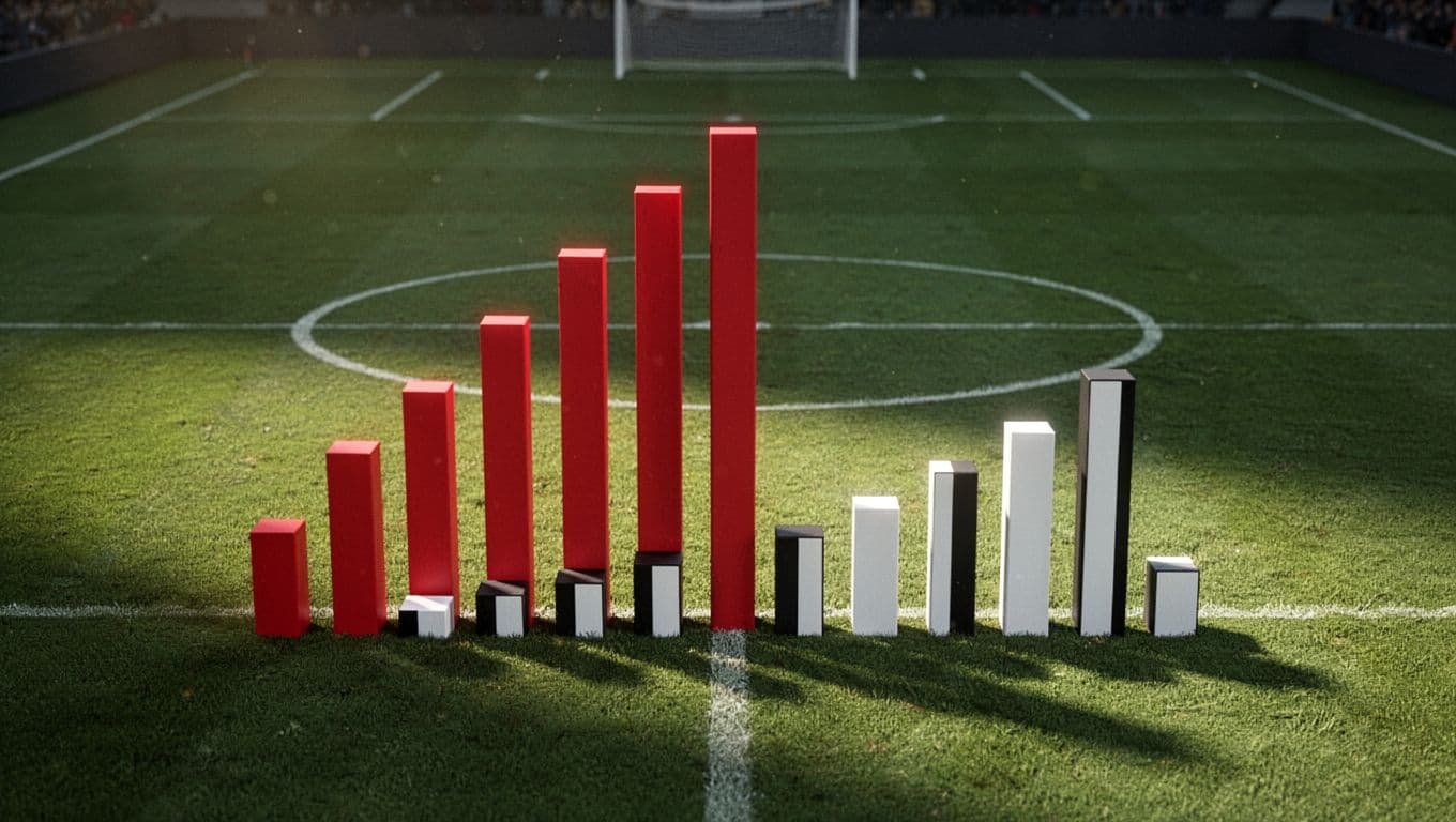 Tall red bars for Manchester United wins and goals tower over short black-white bars for Sunderland on green soccer pitch background.