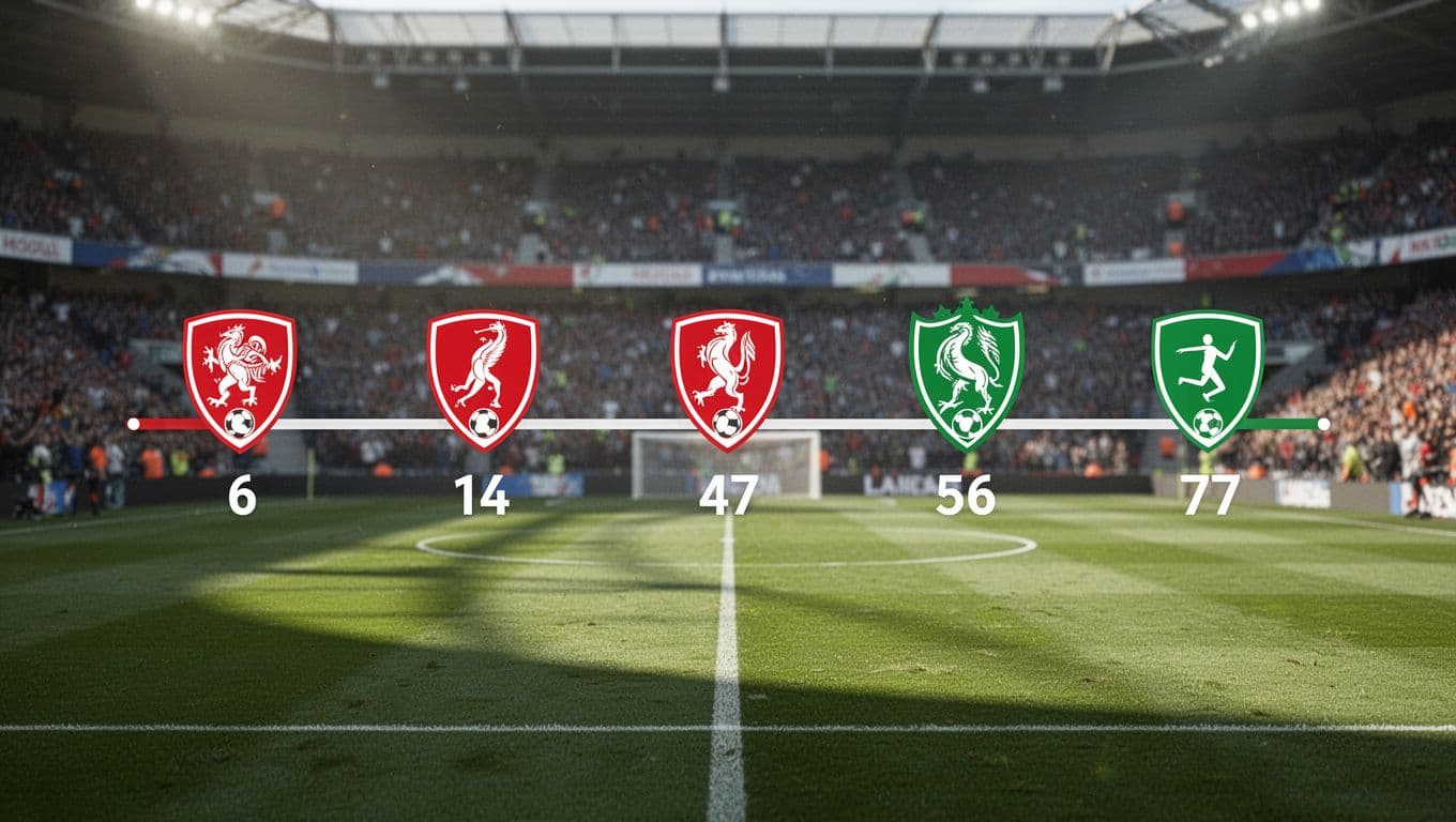 Horizontal infographic timeline with five colored goal icons and score changes from 1-0 to 3-2 on blurred soccer pitch background.