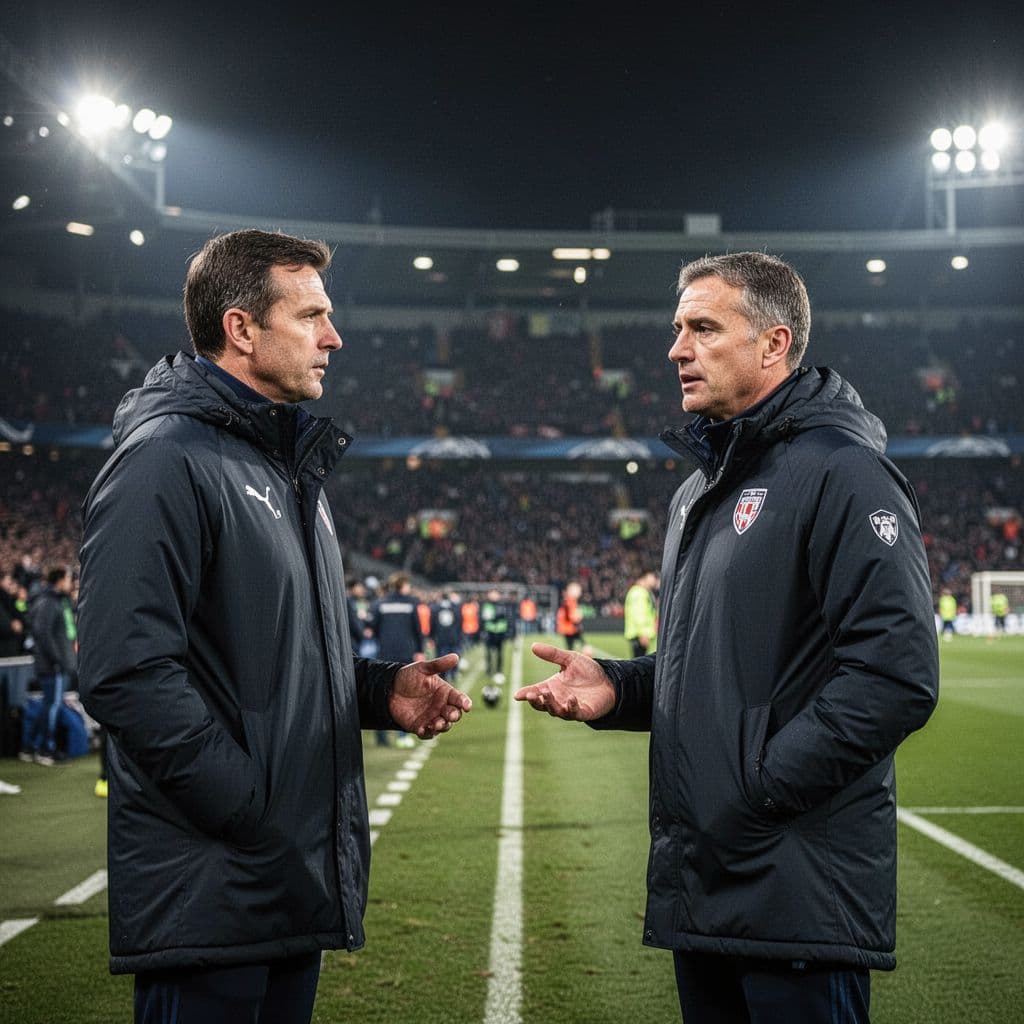 Two professional football managers watch intently from the sideline during a night match in a stadium.