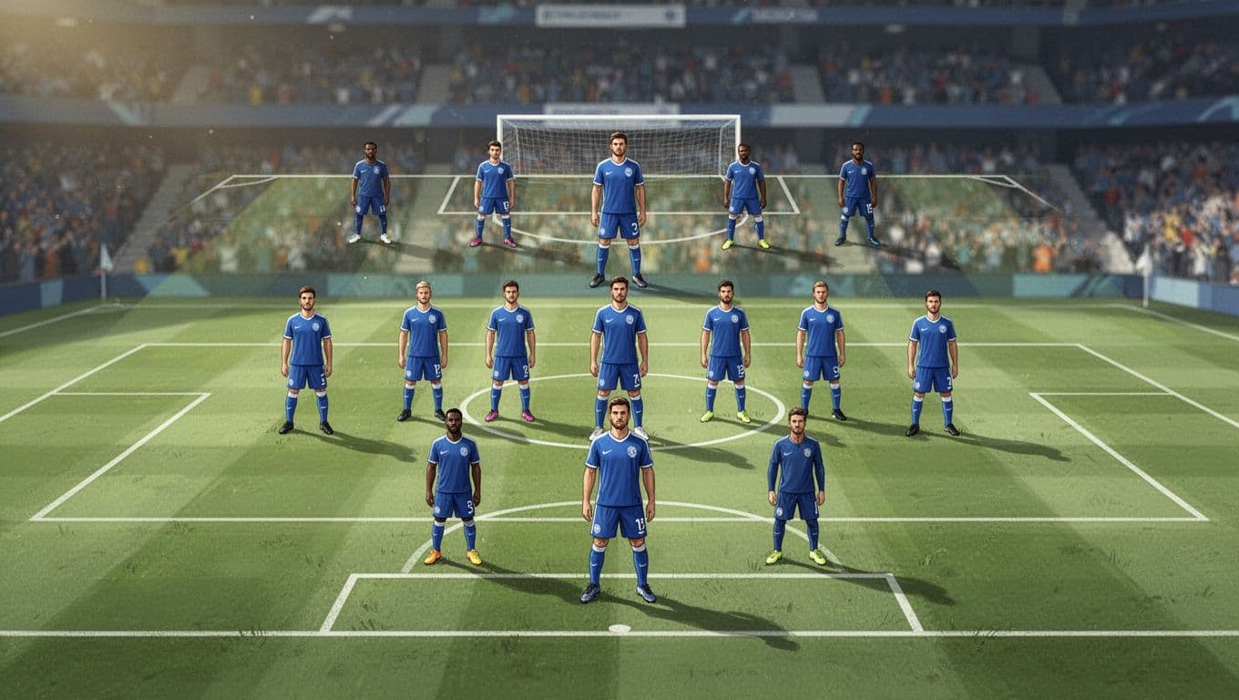 Soccer pitch shows 11 blue-jerseyed Manchester City players in 4-3-3 formation with blurred Etihad Stadium background.