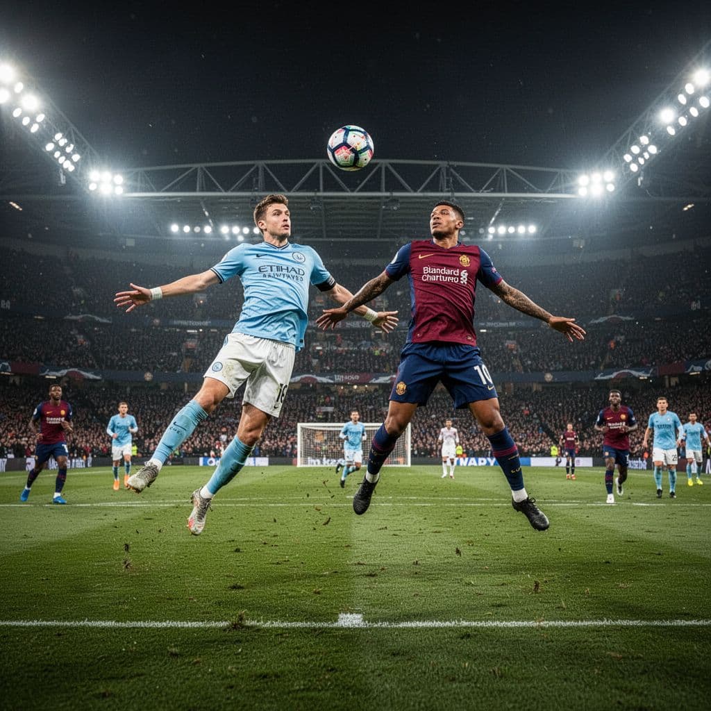 Two football players in competing team kits battle for the ball during a high-stakes match.