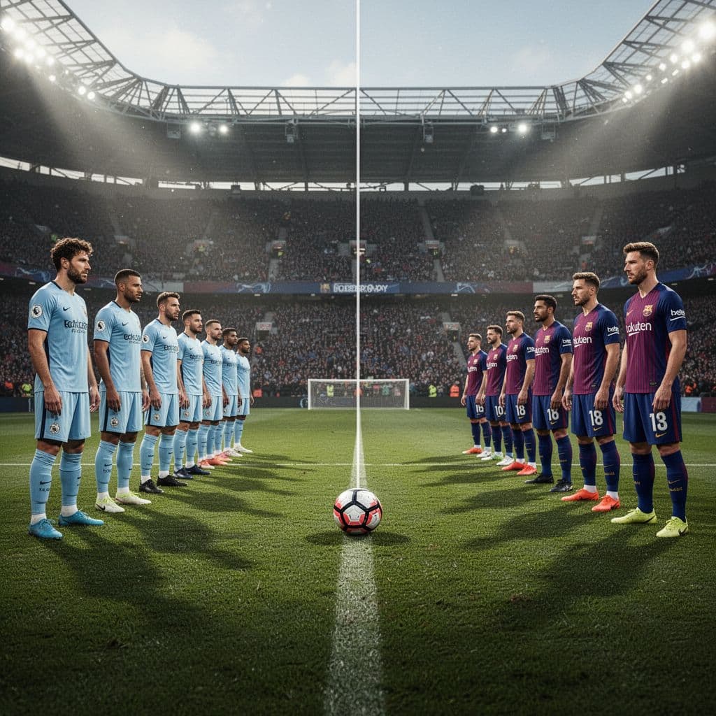 A split-screen view of a football pitch showing two teams facing off with a ball in center field.