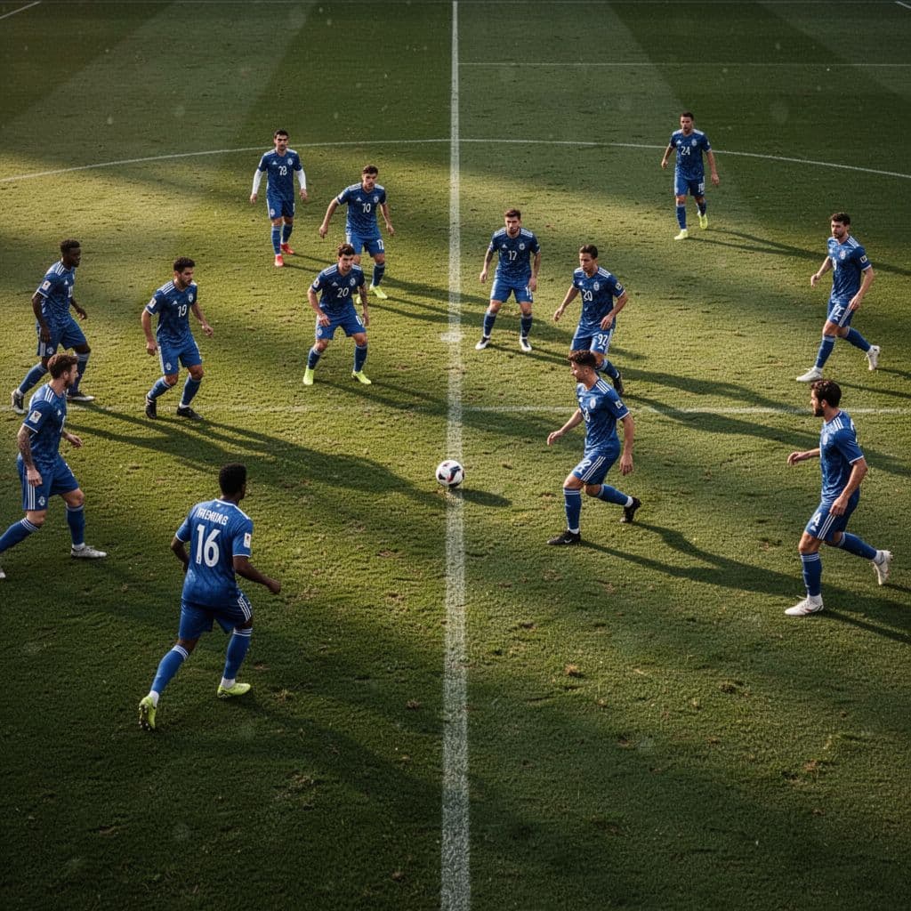 Blue-clad soccer players move the ball across the pitch during an intense professional match.